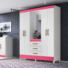 Guarda Roupa Casal 4 portas com espelho 3 gavetas Capri - Branco / Rosa