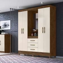 Guarda Roupa Casal 4 portas com espelho 3 gavetas Capri - Castanho Wood / Baunilha