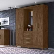 Guarda Roupa Casal 4 portas com espelho 3 gavetas Capri - Castanho Wood