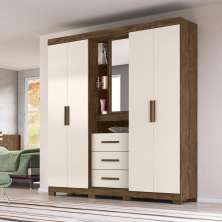 Guarda Roupa Casal 4 portas com espelho e 3 gavetas Eldorado - Castanho Wood / Baunilha