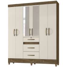 Guarda Roupa Casal 6 Portas Com Espelho 8683 Castanho Wood Off White Moval