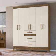 Guarda Roupa Casal 6 portas 3 gavetas Itatiba - Castanho Wood / Baunilha