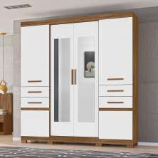 Guarda Roupa Casal 6 portas com 4 gavetas e espelho Aracaju - Naturale / Branco