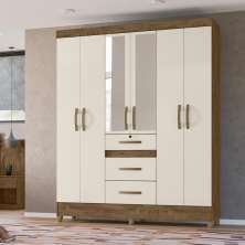 Guarda Roupa Casal 6 portas com espelho 3 gavetas Castanho Wood / Baunilha Itatiba - Moval