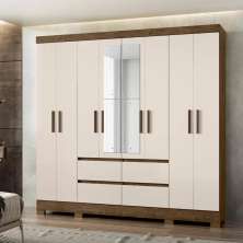 Guarda Roupa Casal 8 Portas com Espelho e 4 gavetas Belem - Castanho Wood / Off White