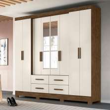 Guarda Roupa Casal 8 portas espelho 4 gavetas San Lorenzo Plus - Castanho Wood / Baunilha