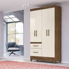 Guarda Roupa Solteiro 4 portas 2 gavetas Castanho Wood / Off White Madri - Moval