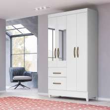 Guarda Roupa Solteiro 4 portas com espelho 2 gavetas Madri - Branco / Rosa / Azul / Lilas Flex