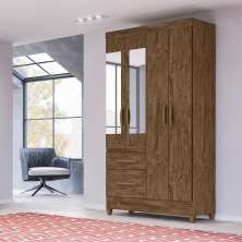 Guarda Roupa Solteiro 4 portas com espelho 2 gavetas Madri - Castanho Wood