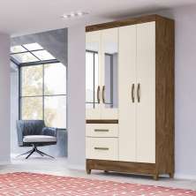 Guarda Roupa Solteiro 4 portas com espelho 2 gavetas Madri - Castanho Wood / Off White
