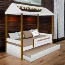 Cama Casa Solteiro Lara Branca com Aux, LED e 02 Colchões