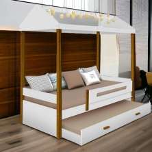 Cama Casa Solteiro Lara Branca com LED, Aux, e 02 Colchões