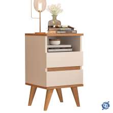 Mesa De Cabeceira Pop Retrô Pés Palito e Off White / Freijó