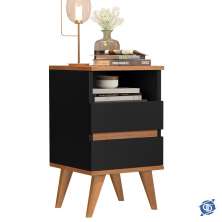 Mesa De Cabeceira Pop Retrô Pés Palito em Madeira Maciça Preto / Nature