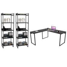 Conjunto Escritório Estilo Industrial Mesa 150x150cm e 2 Estantes 60cm 5 Prateleiras Prisma C08 Preto Onix - Mpozenato