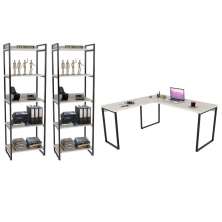 Conjunto Escritório Estilo Industrial Mesa 150x150cm e 2 Estantes 60cm 5 Prateleiras Prisma C08 Snow - Mpozenato