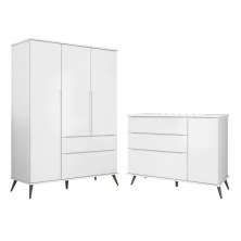Jogo De Quarto Infantil Guarda Roupa 3 Portas e Cômoda 1 Porta 3 Gavetas 100% Mdf P04 Mel Branco - Mpozenato