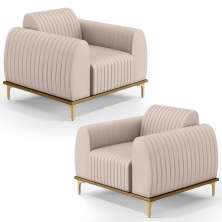 Kit 2 Poltronas Decorativas Base Gold Molino D06 Suede C-309 Bege - Mpozenato