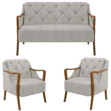 Kit Namoradeira 135cm e 2 Poltronas Decorativas Capitonê Lapa M22 Linho Cru - Mpozenato