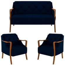 Kit Namoradeira 135cm e 2 Poltronas Decorativas Capitonê Lapa M22 Veludo Azul Marinho - Mpozenato