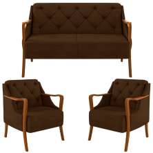 Kit Namoradeira 135cm e 2 Poltronas Decorativas Capitonê Lapa M22 Veludo Marrom - Mpozenato