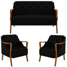 Kit Namoradeira 135cm e 2 Poltronas Decorativas Capitonê Lapa M22 Veludo Preto - Mpozenato