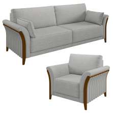 Kit Sofá Living 3 Lugares e Poltrona 102cm Pés Madeira Roya M22 Linho Cinza - Mpozenato
