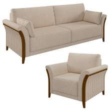 Kit Sofá Living 3 Lugares e Poltrona 102cm Pés Madeira Roya M22 Linho Cru - Mpozenato