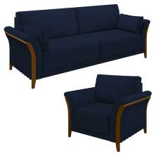Kit Sofá Living 3 Lugares e Poltrona 102cm Pés Madeira Roya M22 Veludo Azul Marinho - Mpozenato