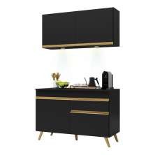 Armário de Cozinha Compacta 120cm com Leds Veneza Up Multimóveis V2012 Preto/Dourado