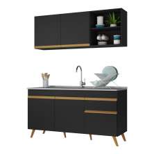 Armário de Cozinha Compacta 150cm Veneza Multimóveis V2079 Preto/Dourado