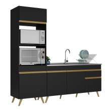 Armário de Cozinha Compacta 212cm Veneza Multimóveis V2078 Preto/Dourado