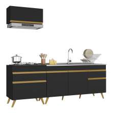 Armário de Cozinha Compacta 220cm Veneza Multimóveis V2074 Preto/Dourado