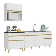 Armário de Cozinha Compacta 220cm Veneza Multimóveis V2075 Branco/Dourado