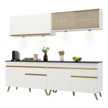 Armário de Cozinha Compacta 240cm com Leds Veneza Up Multimóveis V2021 Branco/Dourado