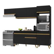 Armário de Cozinha Compacta 252cm Veneza Multimóveis V3690 Preto/Dourado