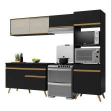 Armário de Cozinha Compacta 252cm Veneza Multimóveis V3692 Preto/Dourado