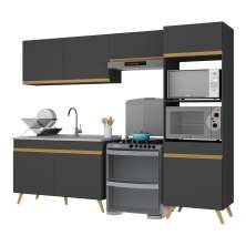 Armário de Cozinha Compacta 252cm Veneza Multimóveis V3749 Preto/Dourado
