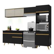 Armário de Cozinha Compacta 252cm com Leds Veneza Up Multimóveis V2017 Preto/Dourado
