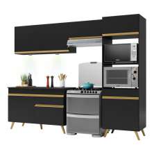 Armário de Cozinha Compacta 252cm com Leds Veneza Up Multimóveis V2018 Preto/Dourado