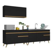 Armário de Cozinha Compacta 270cm Veneza Multimóveis V2076 Preto/Dourado