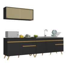 Armário de Cozinha Compacta 270cm Veneza Multimóveis V2077 Preto/Dourado