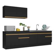 Armário de Cozinha Compacta 270cm com Rodapé Veneza Multimóveis V2111 Preto/Dourado