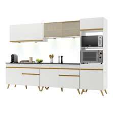 Armário de Cozinha Compacta 302cm com Leds Veneza Up Multimóveis V2014 Branco/Dourado