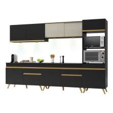 Armário de Cozinha Compacta 302cm com Leds Veneza Up Multimóveis V2014 Preto/Dourado