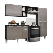 Armário de Cozinha Compacta c/ 2 Leds 3 pçs Pequim Multimóveis V3412 Preto/Lacca Fumê