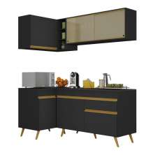 Armário de Cozinha Compacta de Canto Veneza Multimóveis V2056 Preto/Dourado