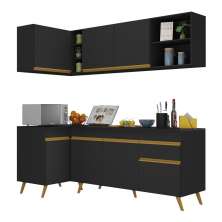 Armário de Cozinha Compacta de Canto Veneza Multimóveis V2058 Preto/Dourado