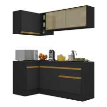 Armário de Cozinha Compacta de Canto com Rodapé Veneza Multimóveis V2091 Preto/Dourado