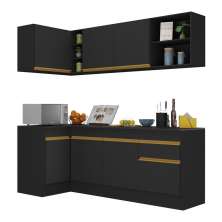 Armário de Cozinha Compacta de Canto com Rodapé Veneza Multimóveis V2093 Preto/Dourado